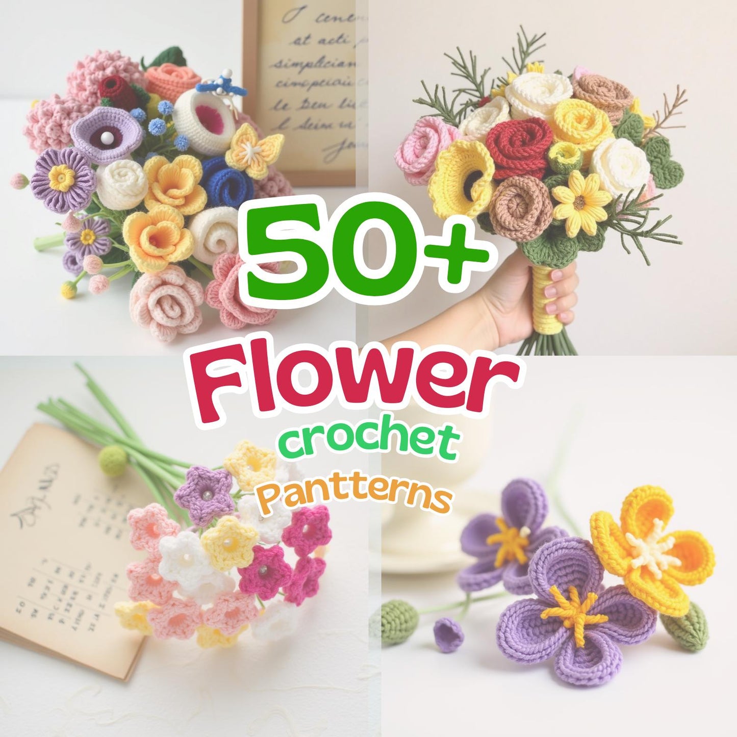 50 In 1 Flower Crochet Pattern Bundle, Crochet Flower Bouquet Patterns, Wedding Flowers, Blossom Thirteen, Tulip Pattern, Sunflower Pattern