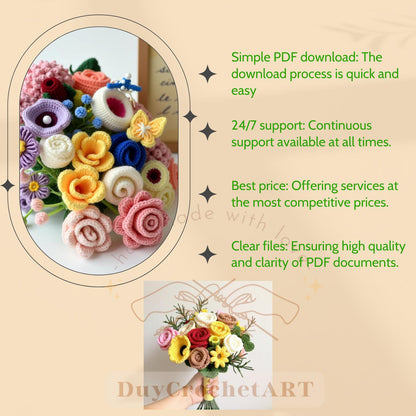 50 In 1 Flower Crochet Pattern Bundle, Crochet Flower Bouquet Patterns, Wedding Flowers, Blossom Thirteen, Tulip Pattern, Sunflower Pattern