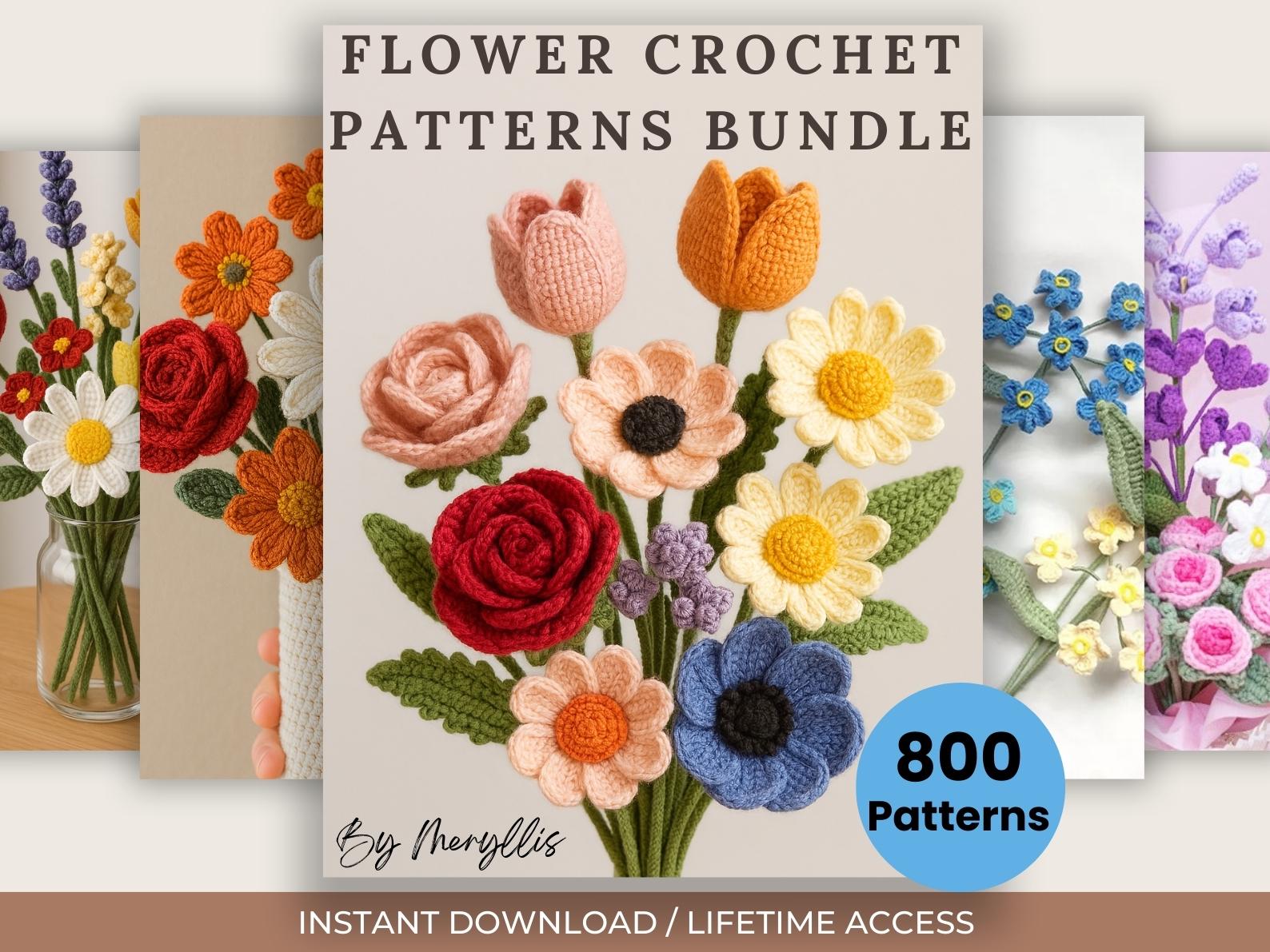 800 Flower Crochet Pattern Bundle – Roses, Tulips, Daisies, Sunflowers, Digital Patterns for Weddings, Mother’s Day, Home Décor,Graduation