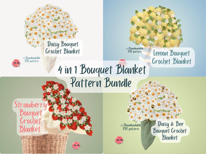 4 in 1 Bouquet Blanket Pattern Bundle Flower Bouquet Blanket Crochet Patterns Daisy Crochet Blanket Beginner Friendly Cute PDF Pattern Gift